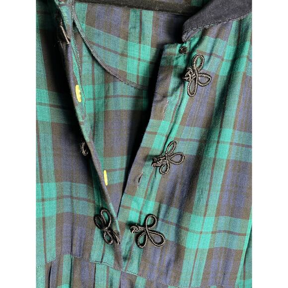NWT Vtg 12P 80s 90s Trad Wife Green Tartan Plaid Tie Back Midi Dress Frog Button - Picture 6 of 6